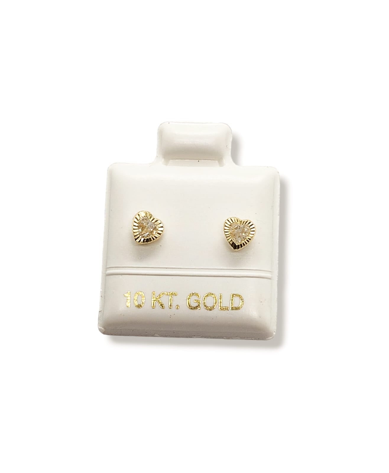 Par de Broquel corazón con bisel facetado y piedra blanca chico y grande oro 10k