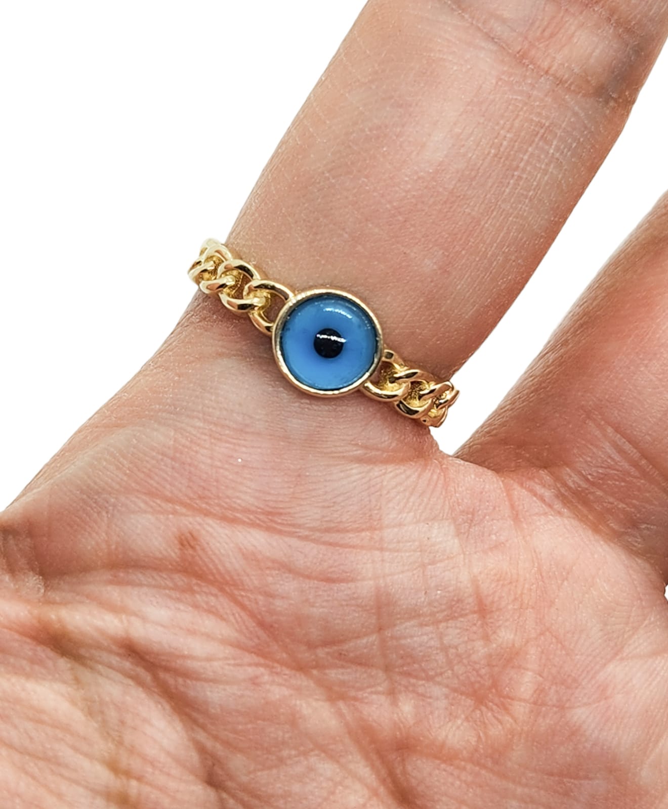 Anillo ojo turco azul estilo cadena oro 10k