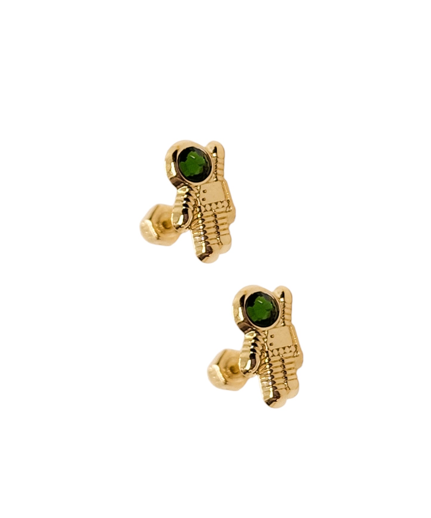 Par o Pieza de Broquel Astronauta Verde Oro de 10k