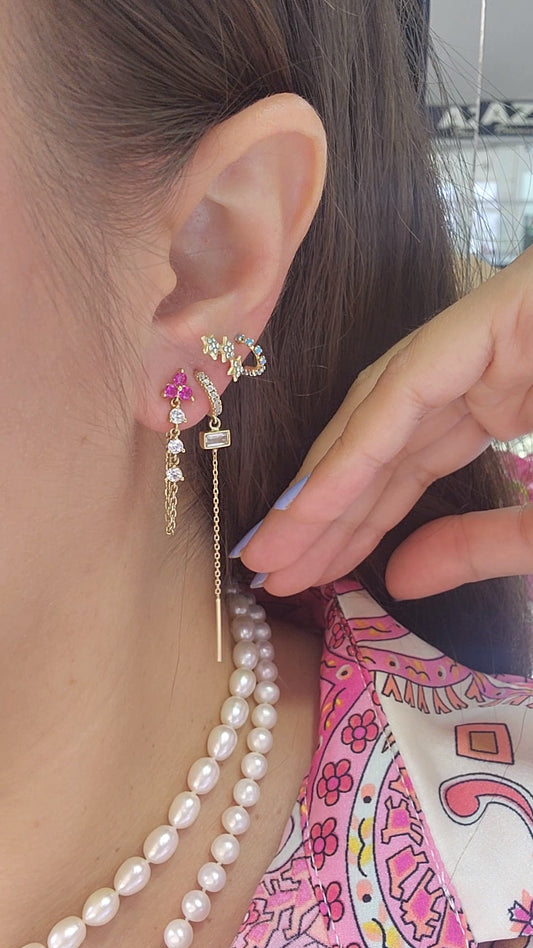 Par o Pieza de arete trébol rosa con cadena y piedras Oro de 10k DORADO