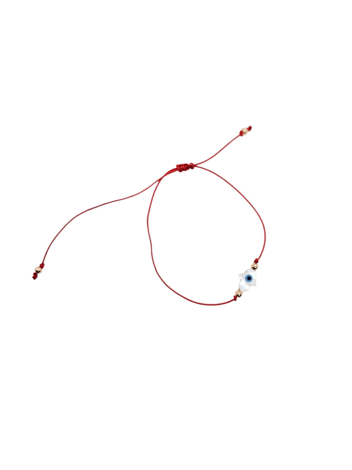 Pulsera de hilo rojo con ojito turco mano de Fatima madre perla BIMETAL