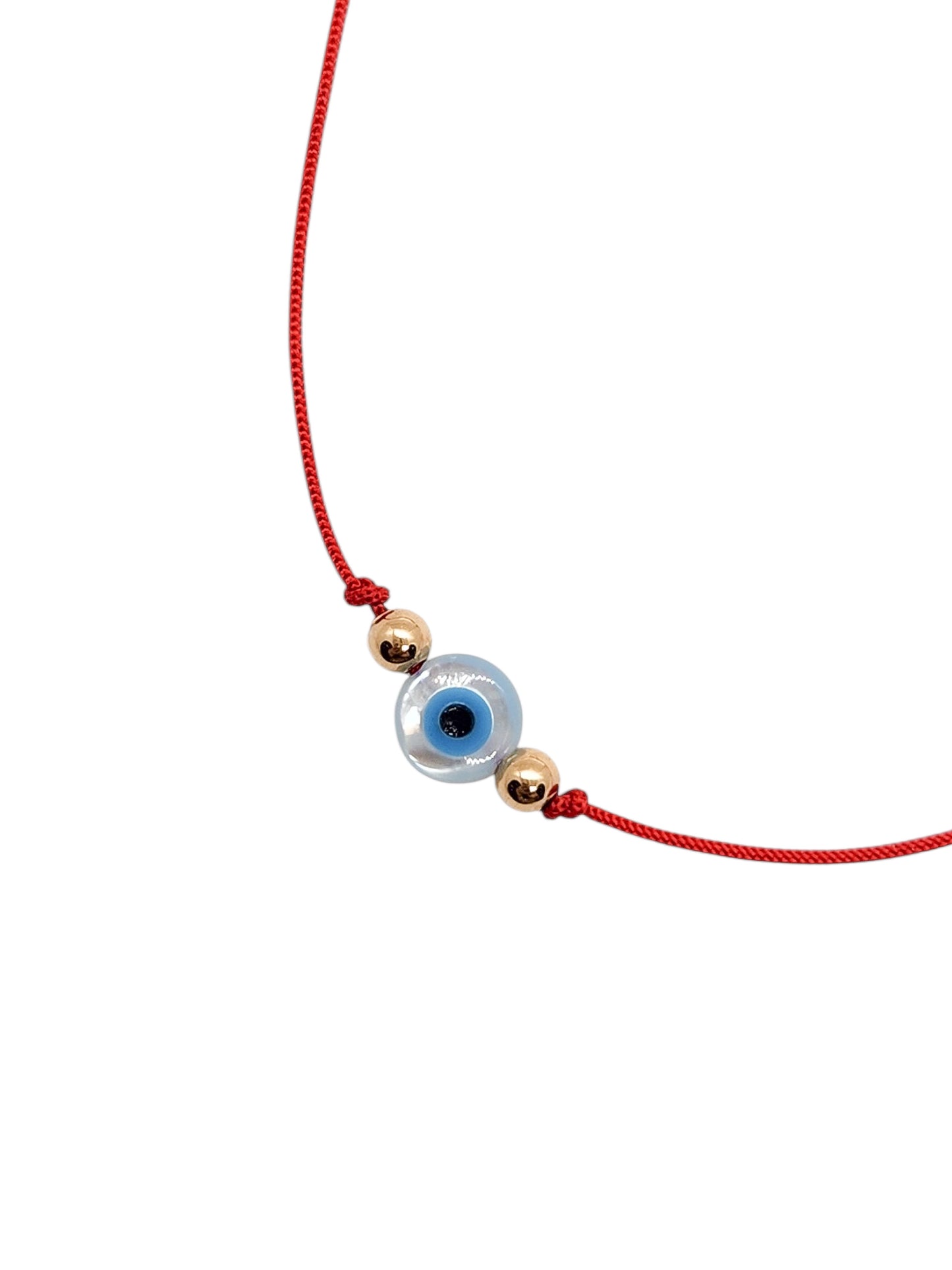 Pulsera de hilo rojo con ojito turco madre perla BIMETAL