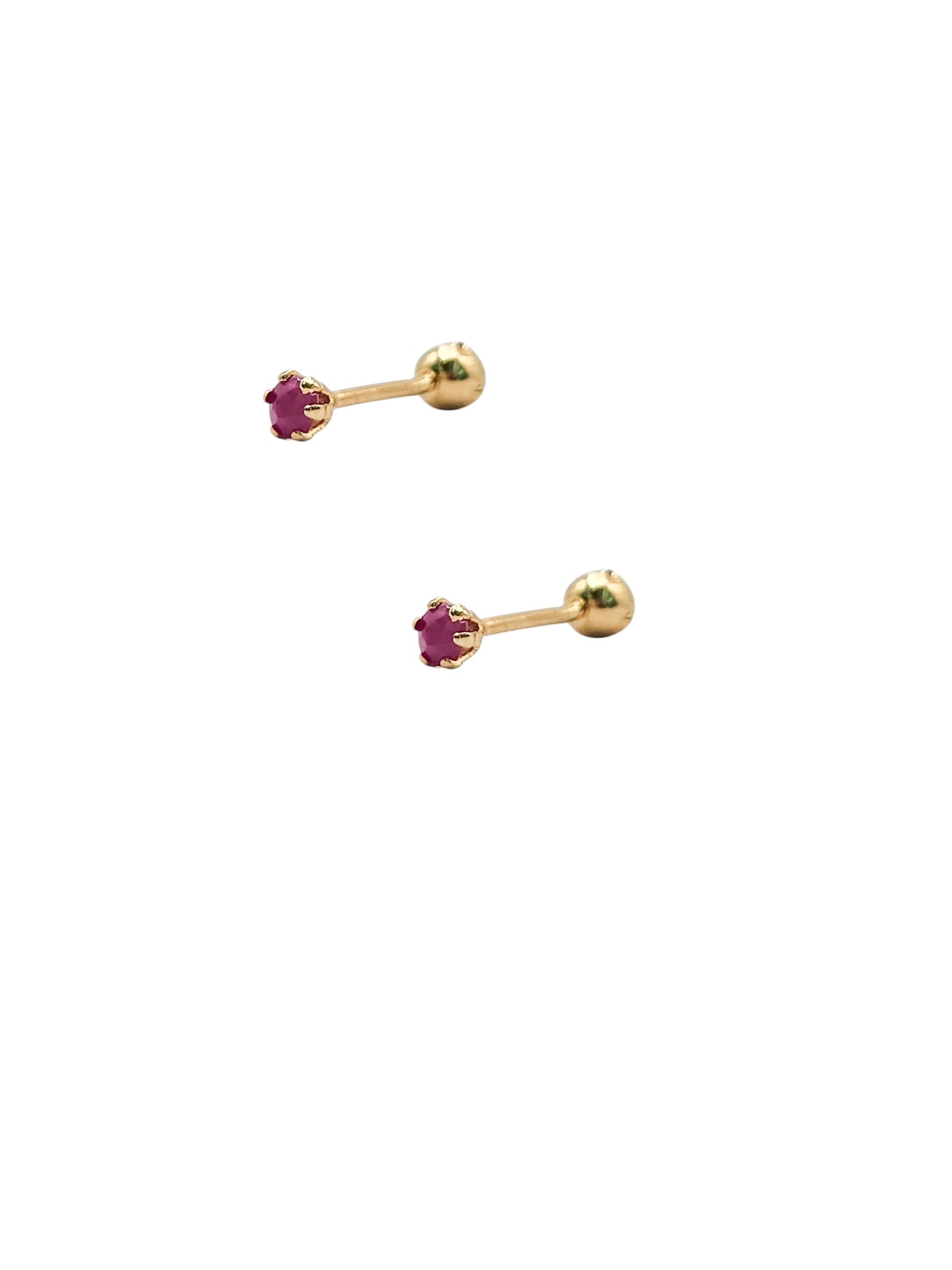 Par de Aretes broquel piedra natural rubí plata 925 baño de oro