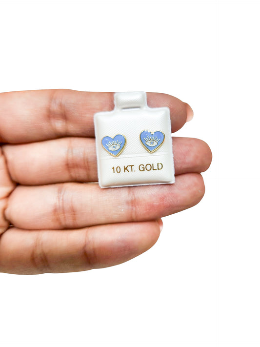 Par o Pieza de Broquel corazón ojo turco esmalte azul Oro de 10k DORADO