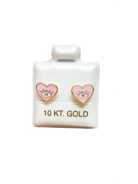 Par o Pieza de Broquel corazón ojo turco esmalte rosa Oro de 10k DORADO