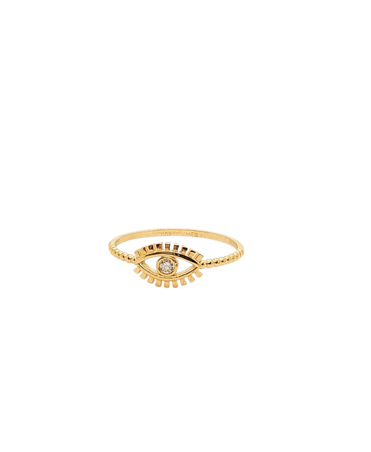 Anillo ojo turco bolitas piedra blanca oro 10k