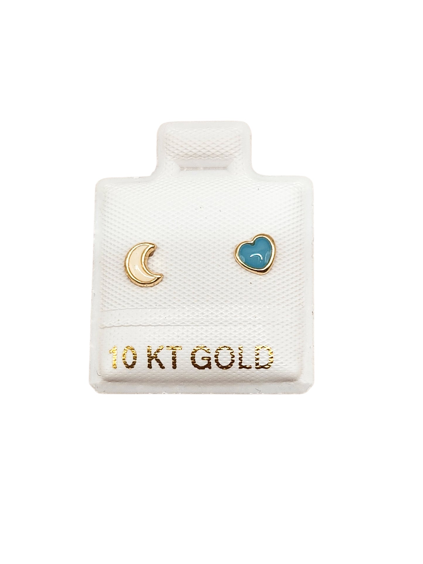 Par de Broquel esmalte luna corazón blanco con azul oro de 10k DORADO