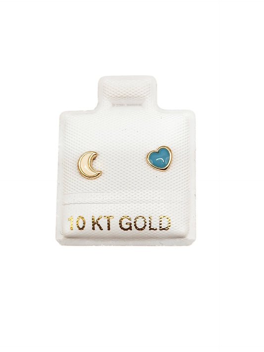Par de Broquel esmalte luna corazón blanco con azul oro de 10k DORADO