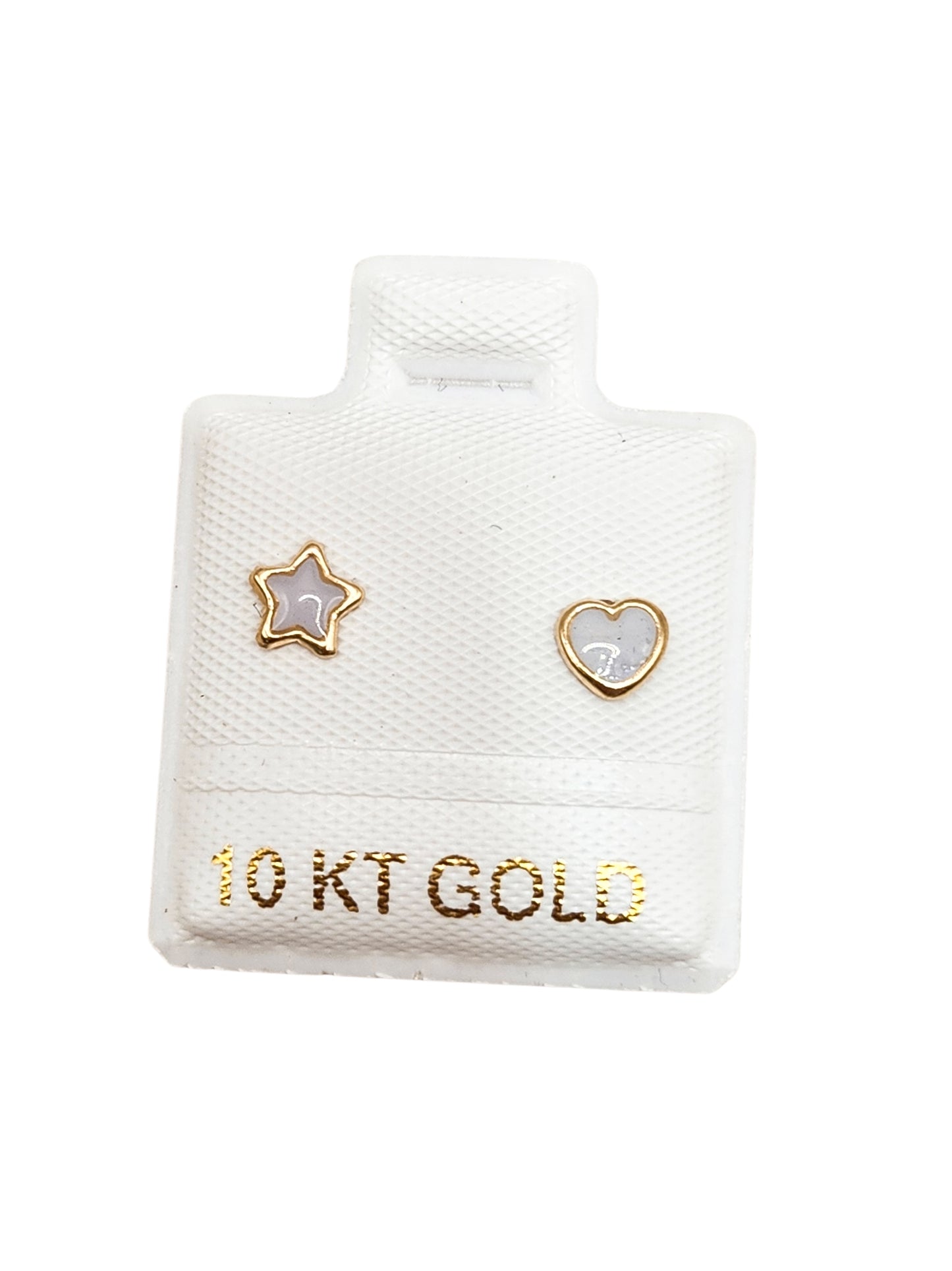 Par de Broquel esmalte estrella y corazón blanco oro de 10k DORADO