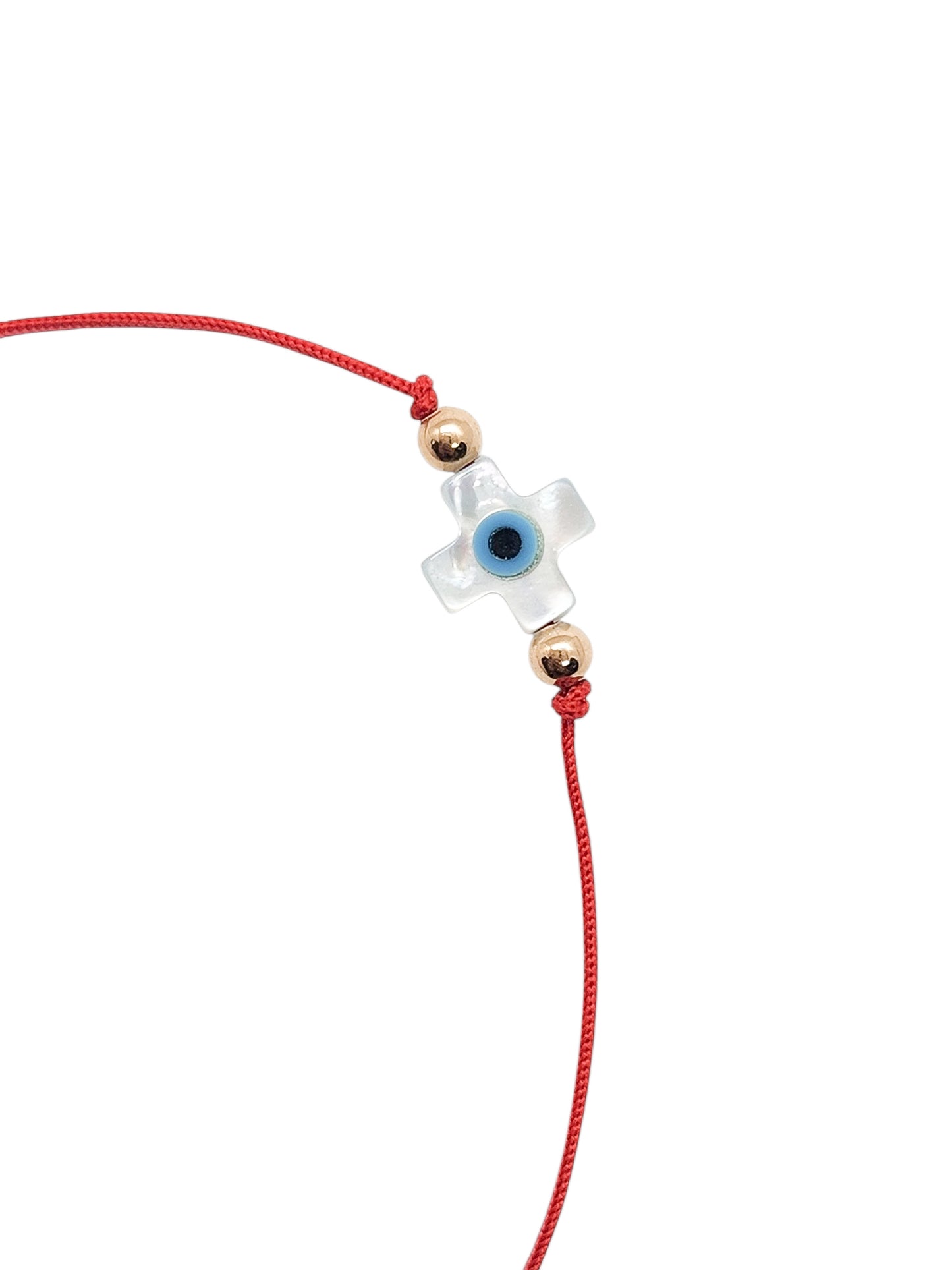 Pulsera de hilo rojo con ojito turco cruz madre perla BIMETAL