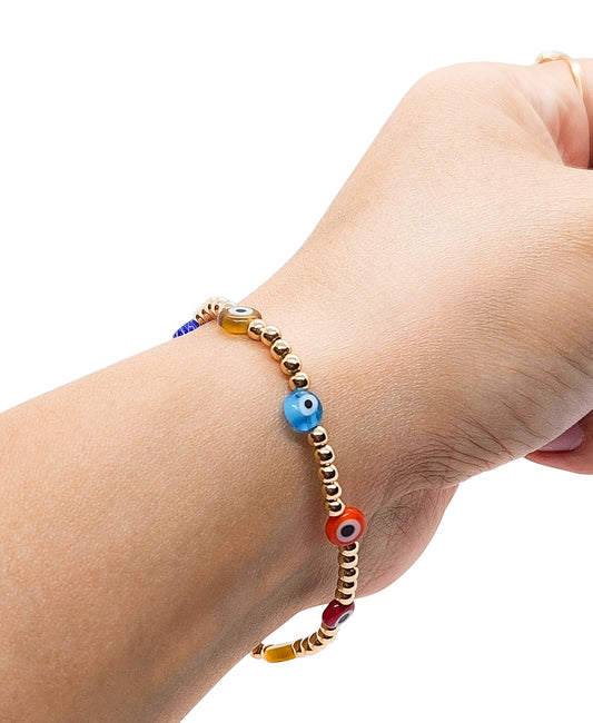 Pulsera ojo turco y bolitas BIMETAL (PLATA Y ORO)