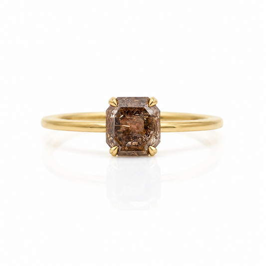 Anillo de diamante natural "Salt and Pepper"solitario oro 10k Radiant cut