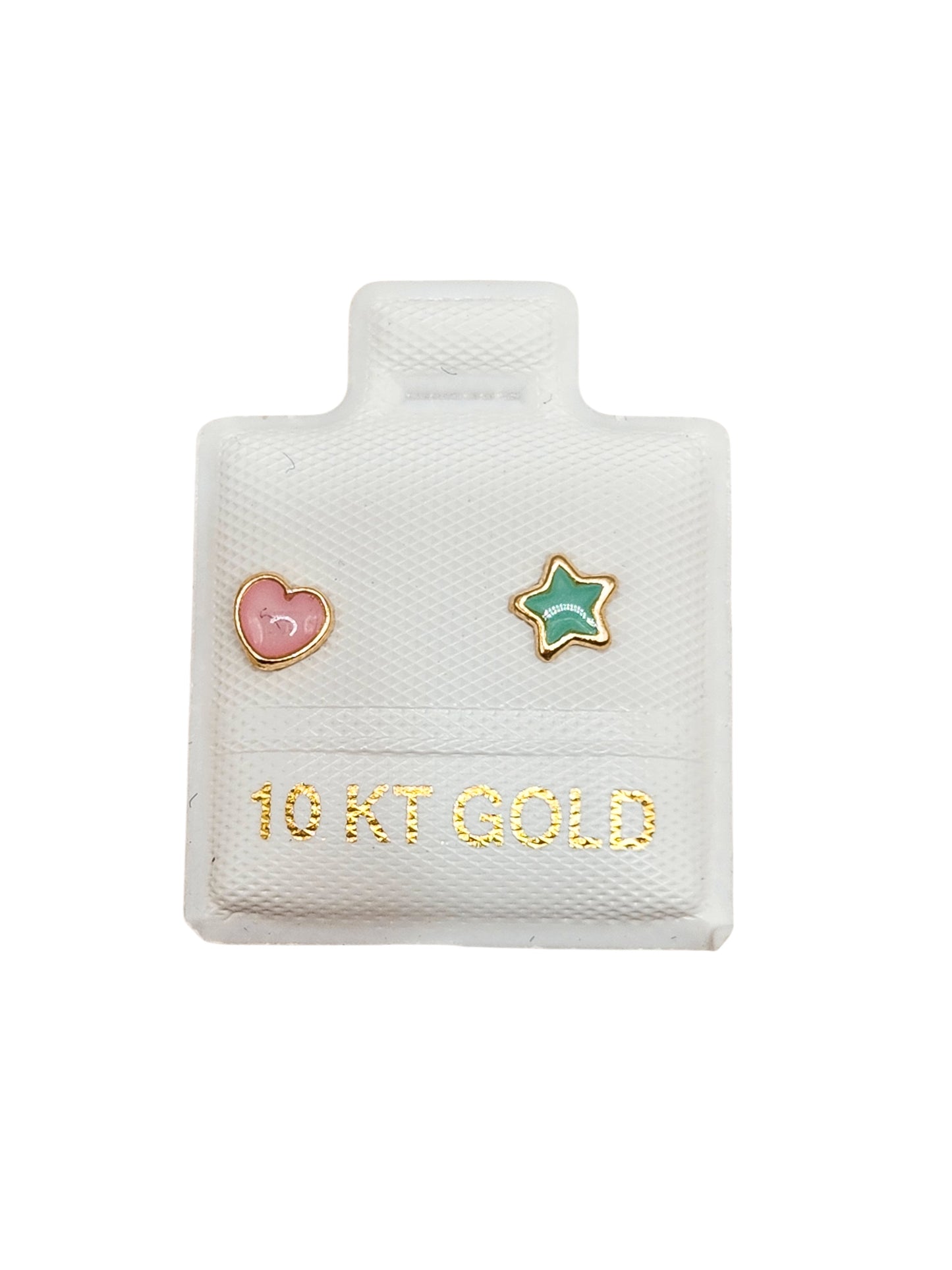 Par de Broquel esmalte estrella y corazón rosa y verde menta oro de 10k DORADO