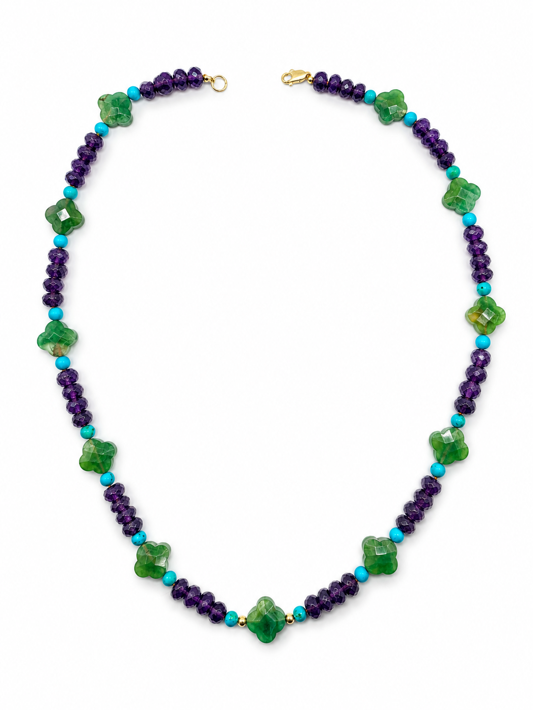 Collar de turquesa,  amatista y ágata natural y oro 10k
