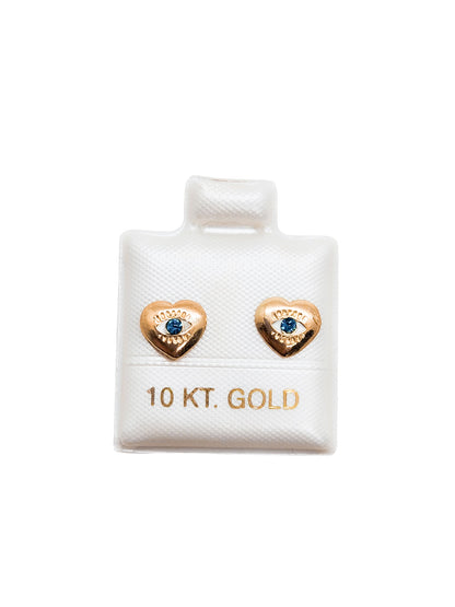 Par o Pieza de Broquel corazón con ojo esmaltados turquesa oro 10k