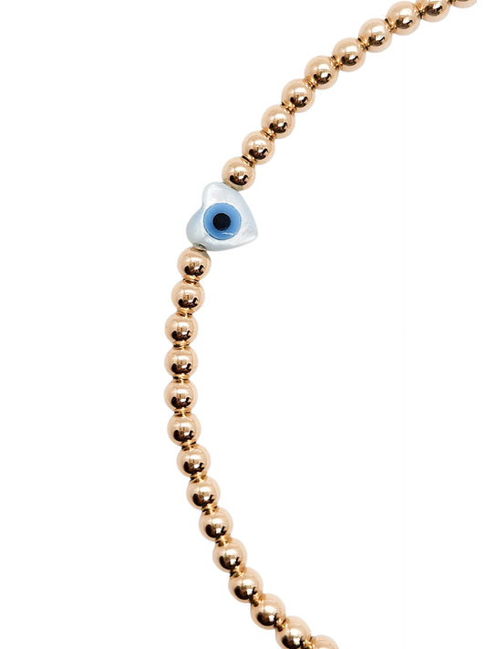 Pulsera ojito turco madre perla corazon bola BIMETAL 3mm (PLATA Y ORO)