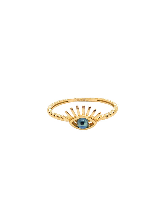Anillo ojo turco bolitas azul oro 10k