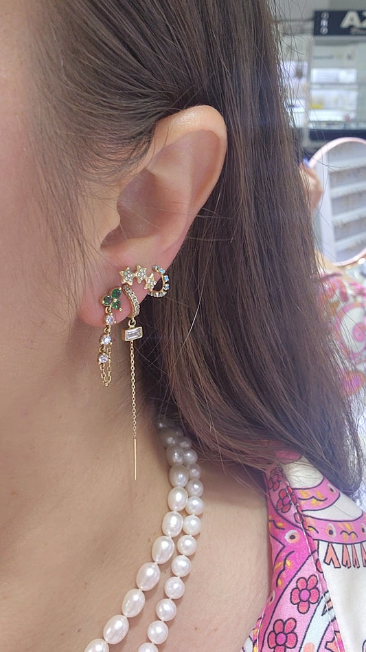 Par o Pieza de arete trébol verde con cadena y piedras Oro de 10k DORADO