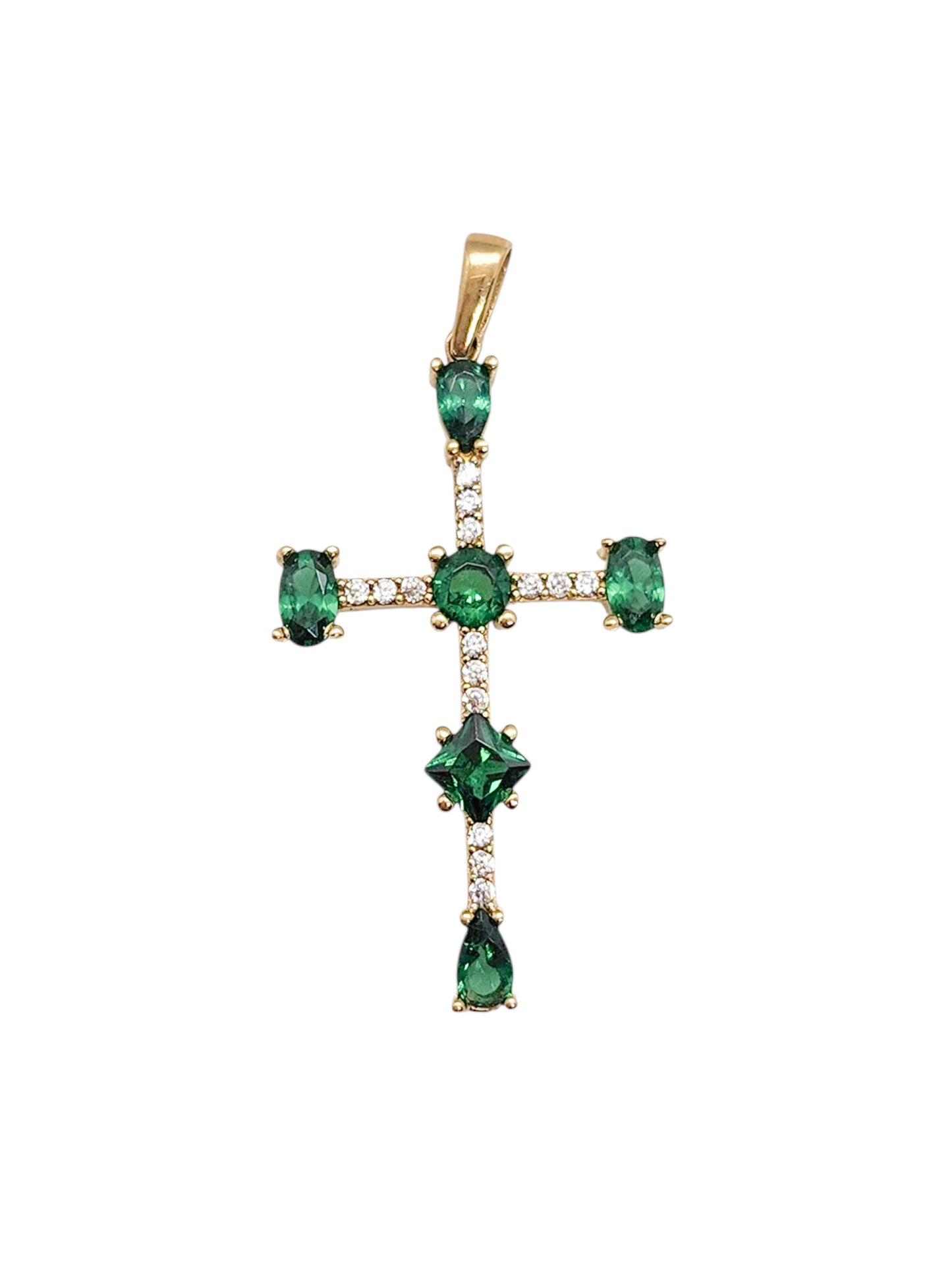 Dije cruz con zirconias blancas y verdes oro 10k