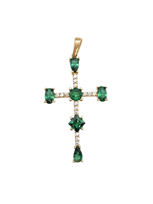 Dije cruz con zirconias blancas y verdes oro 10k