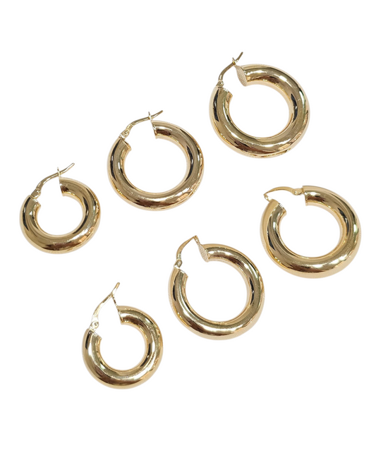 Arracadas chunky lisas oro amarillo 3 tamaños 10k