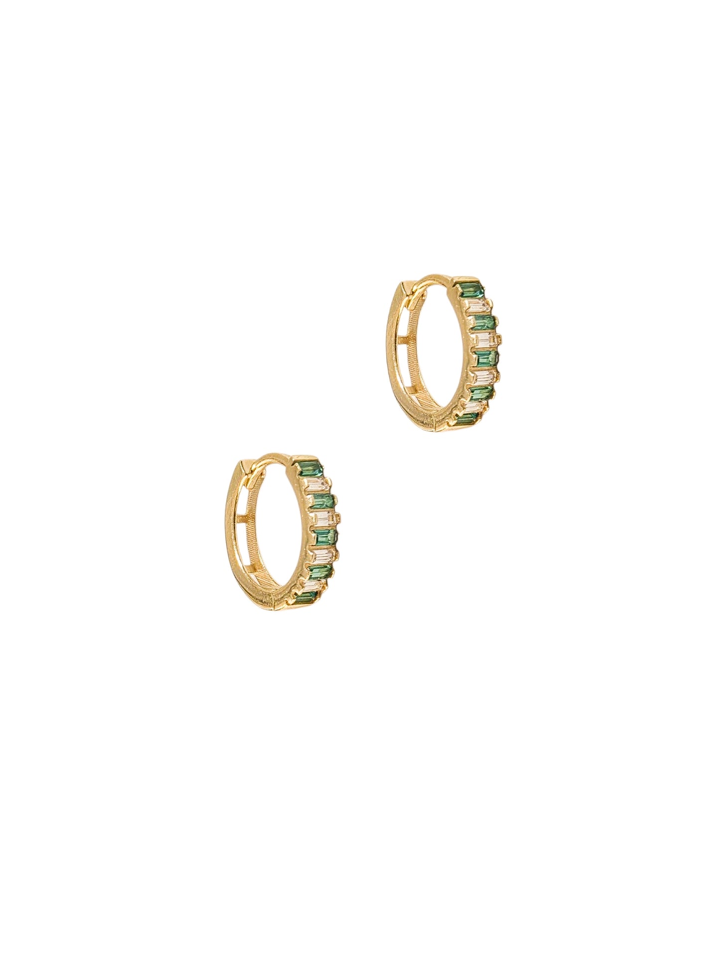Huggies con zirconia blanca y verde oro 10k