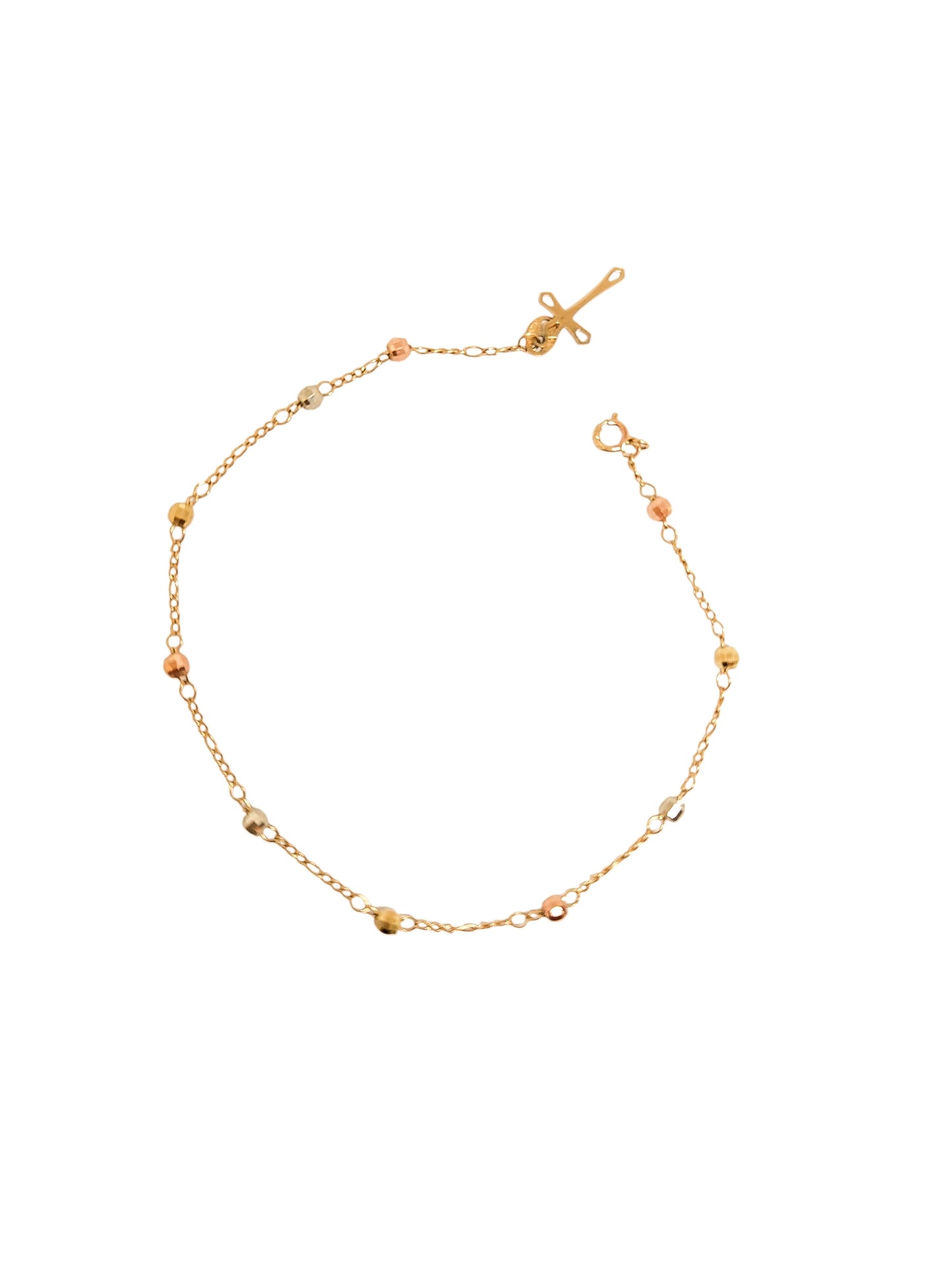 Pulsera bolitas 3 oros con cruz oro 10k