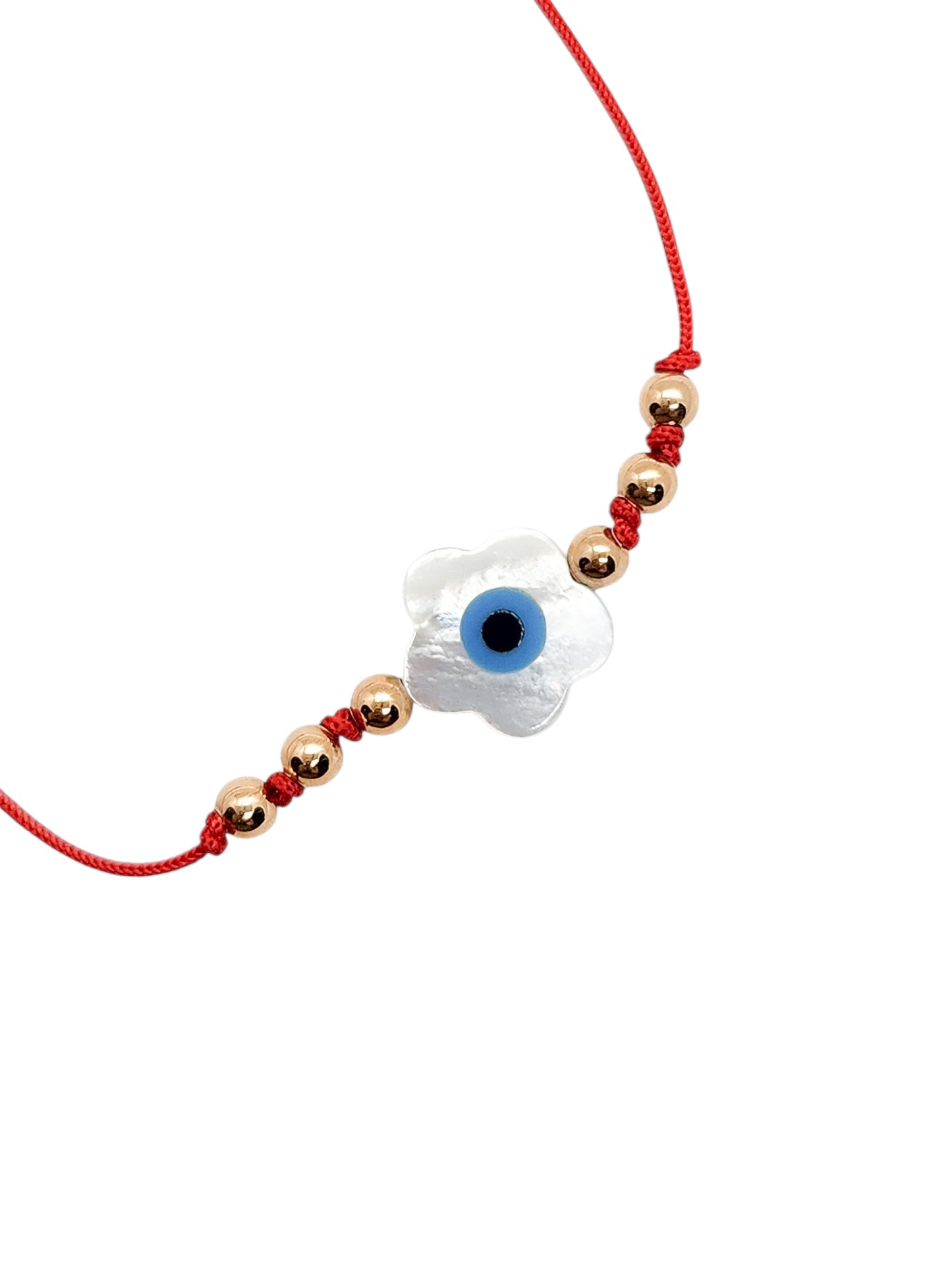 Pulsera de hilo rojo Flor con ojito turco madre perla BIMETA