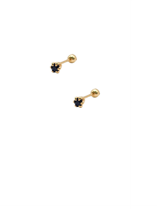 Par de Aretes broquel piedra natural zafiro negro plata 925 con baño de oro