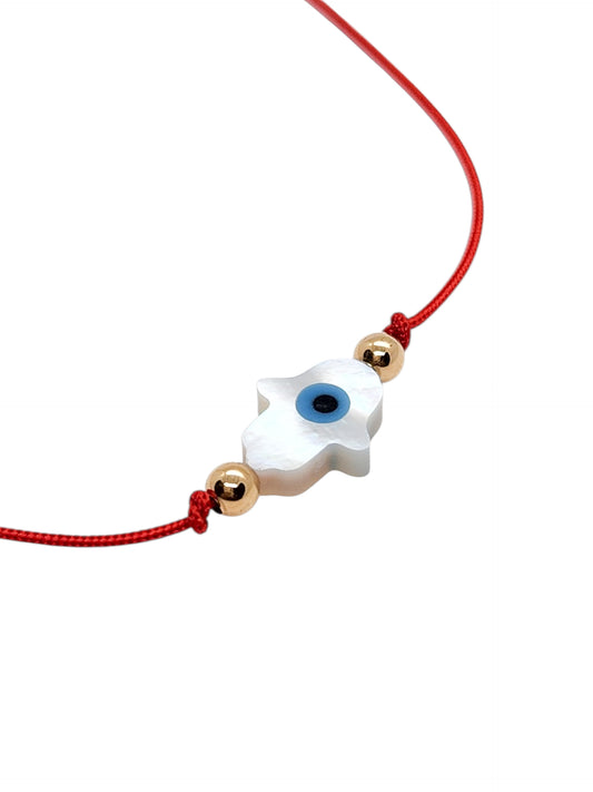 Pulsera de hilo rojo con ojito turco mano de Fatima madre perla BIMETAL