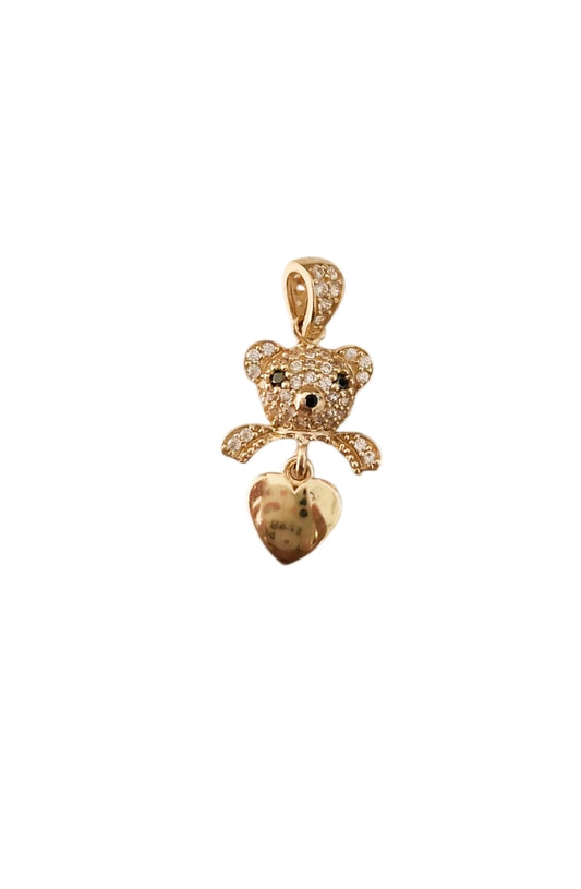 Dije oso con charm de corazón con zirconias blancas 10k