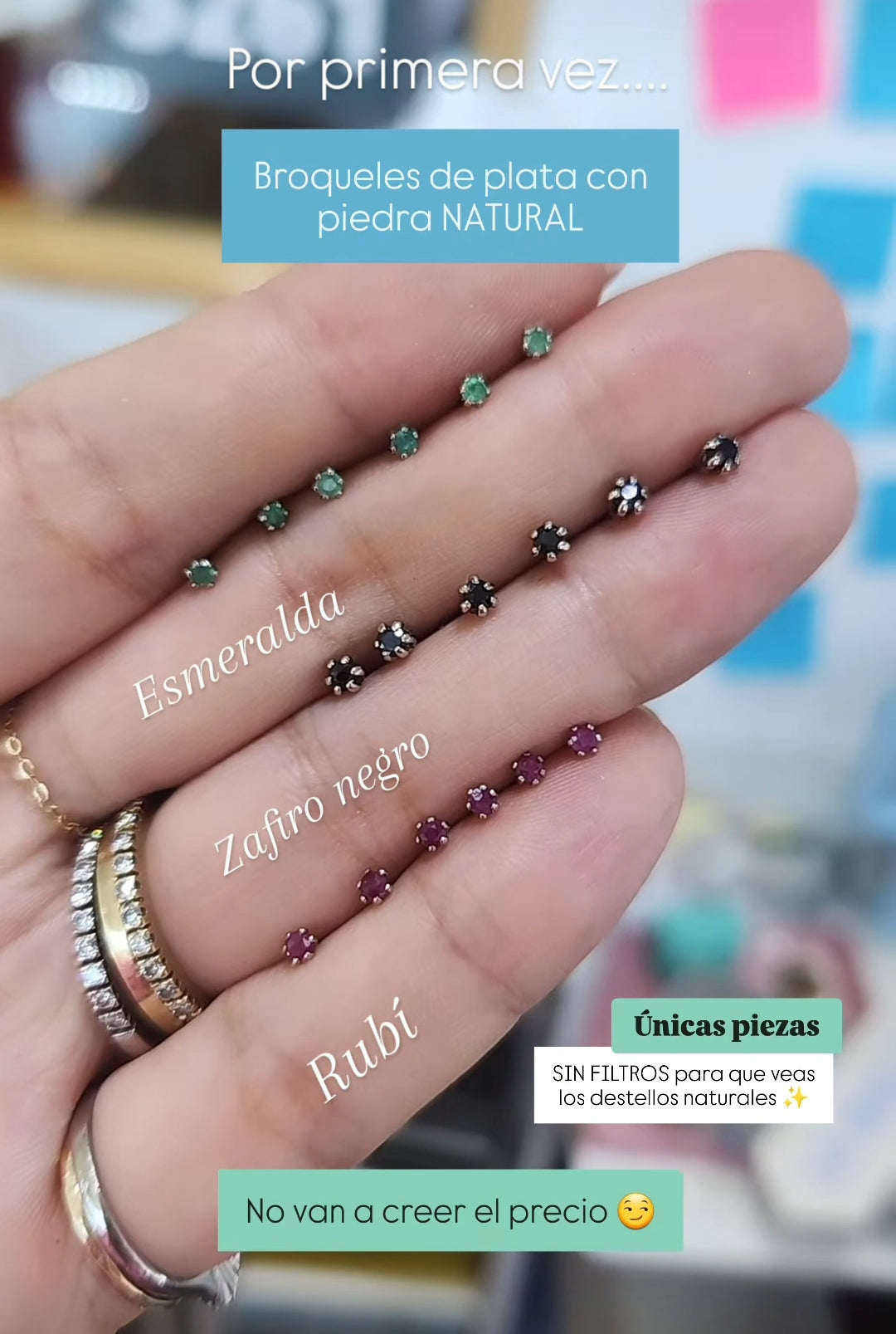 Par de Aretes broquel piedra natural esmeralda plata 925