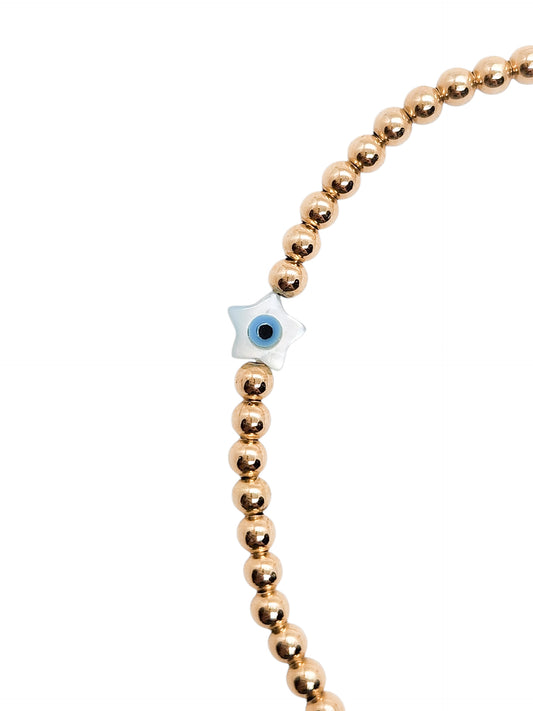 Pulsera ojito turco madre perla estrella bola BIMETAL 3mm (PLATA Y ORO)