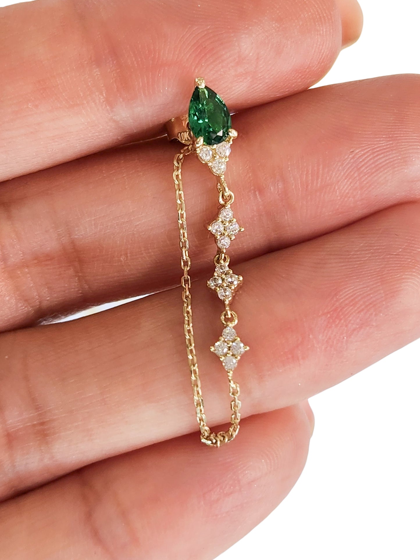 Par o Pieza de arete gota verde esmeralda con cadena y piedras Oro de 10k DORADO