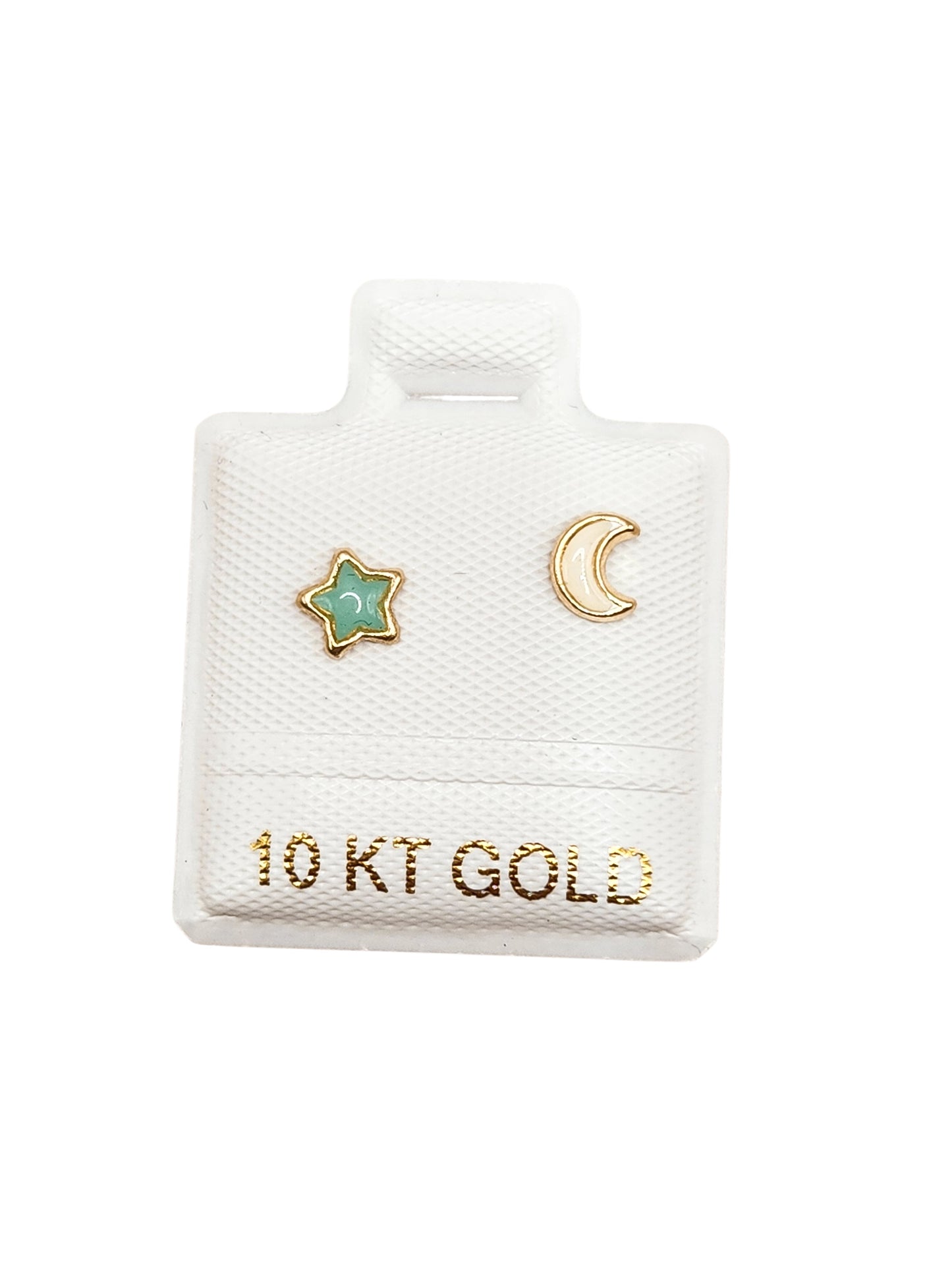 Par de Broquel esmalte luna y estrella menta y blanco oro de 10k DORADO