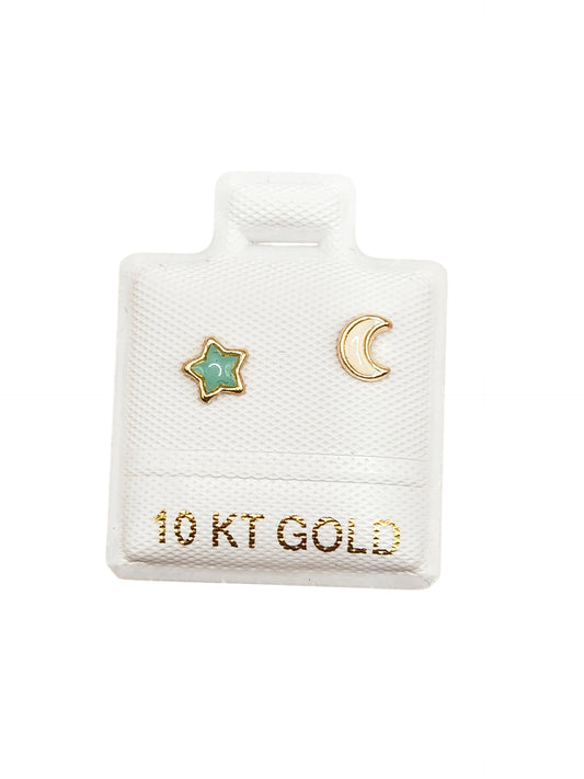 Par de Broquel esmalte luna y estrella menta y blanco oro de 10k DORADO