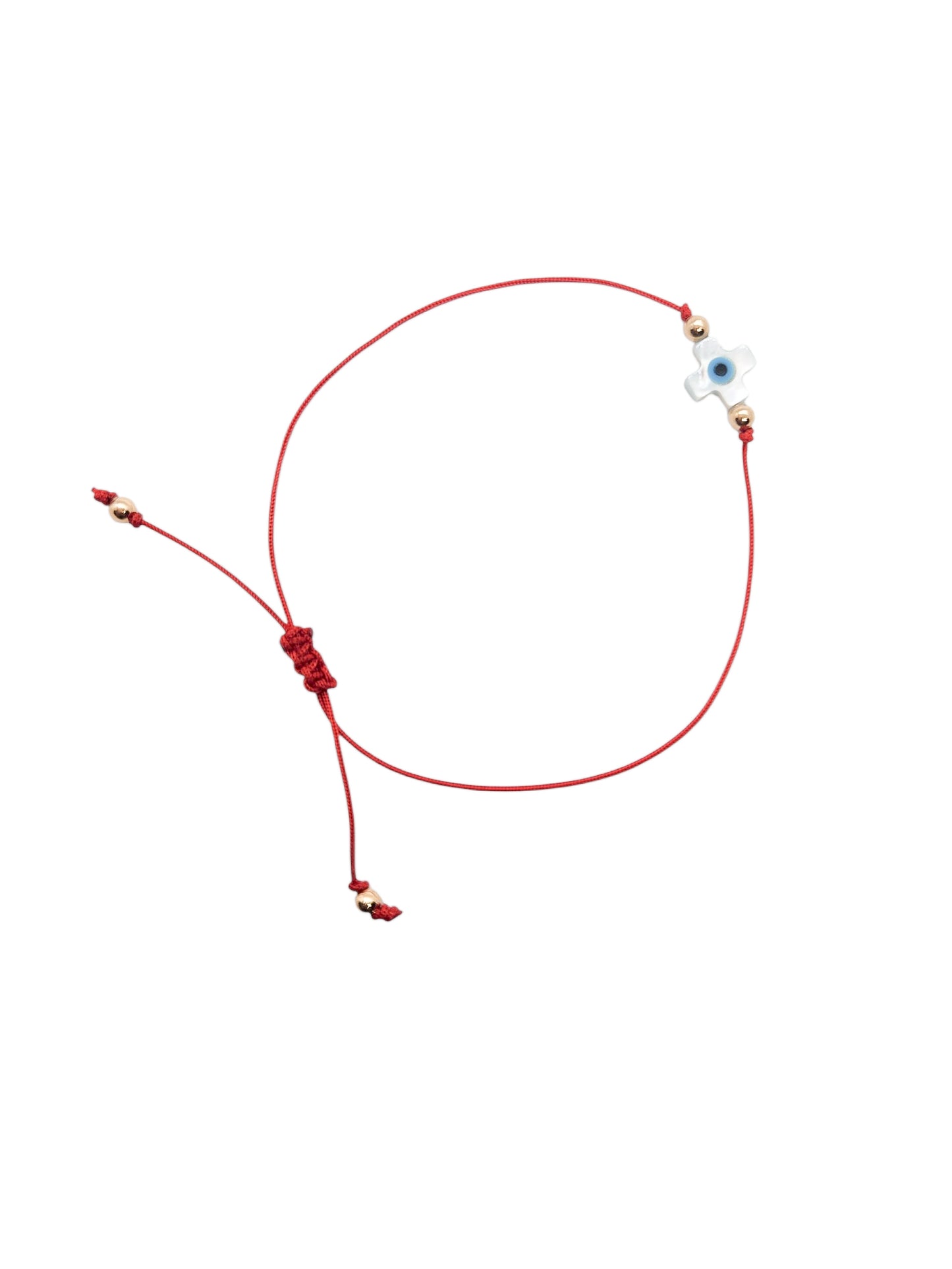 Pulsera de hilo rojo con ojito turco cruz madre perla BIMETAL