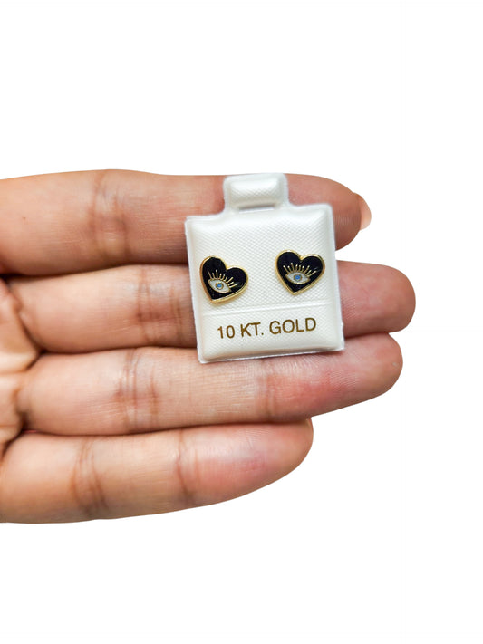 Par o Pieza de Broquel corazón ojo turco esmalte negro Oro de 10k DORADO