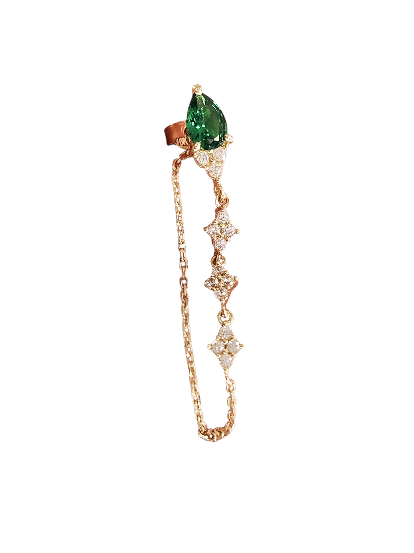 Par o Pieza de arete gota verde esmeralda con cadena y piedras Oro de 10k DORADO