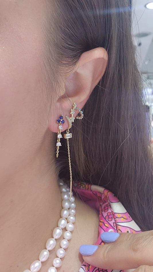 Par o Pieza de arete trébol azul zafiro con cadena y piedras Oro de 10k DORADO