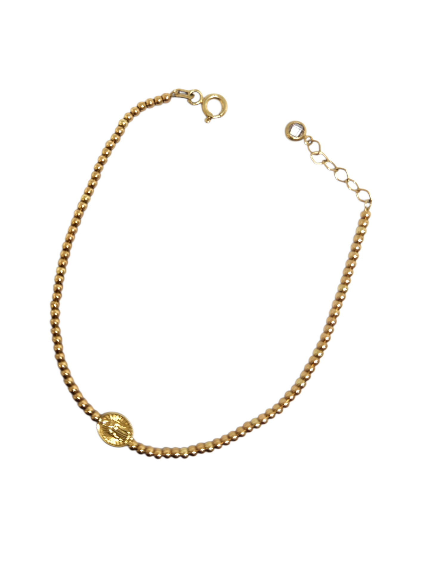 Pulsera bola 2mm con medalla Virgen Gpe oro 10k