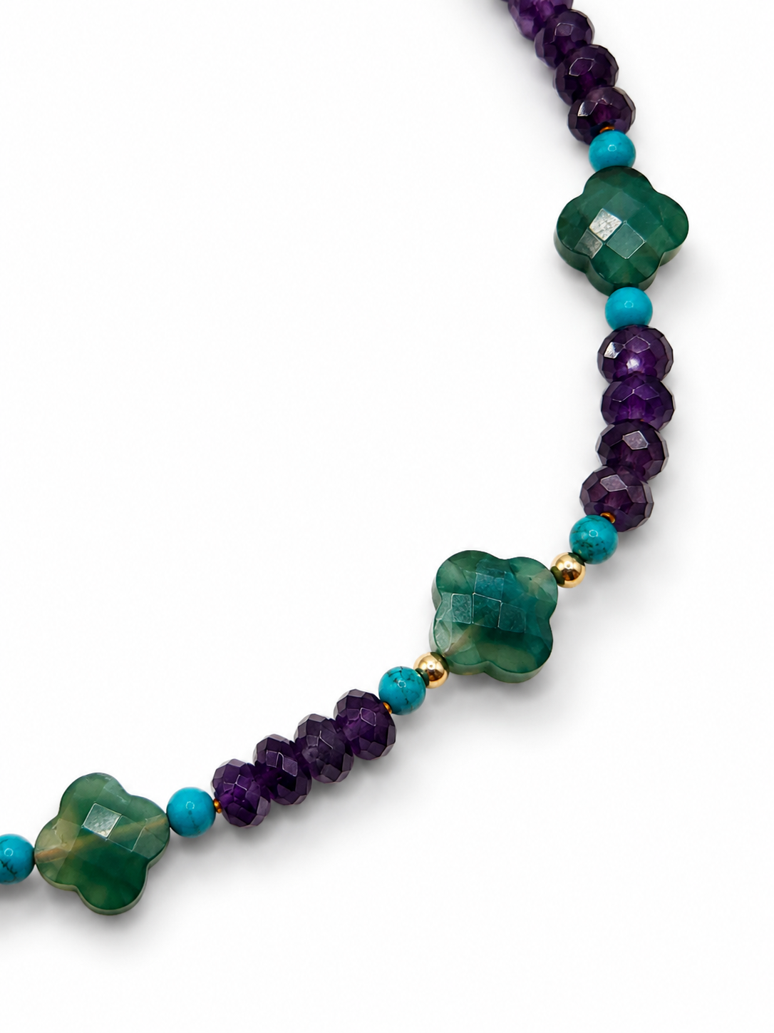 Collar de turquesa,  amatista y ágata natural y oro 10k