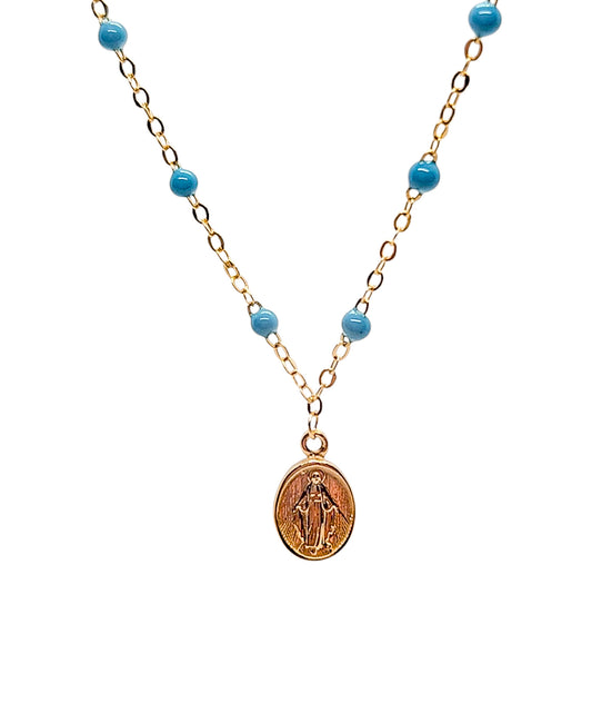 Gargantilla esmalte azul con medalla virgen oro 10k